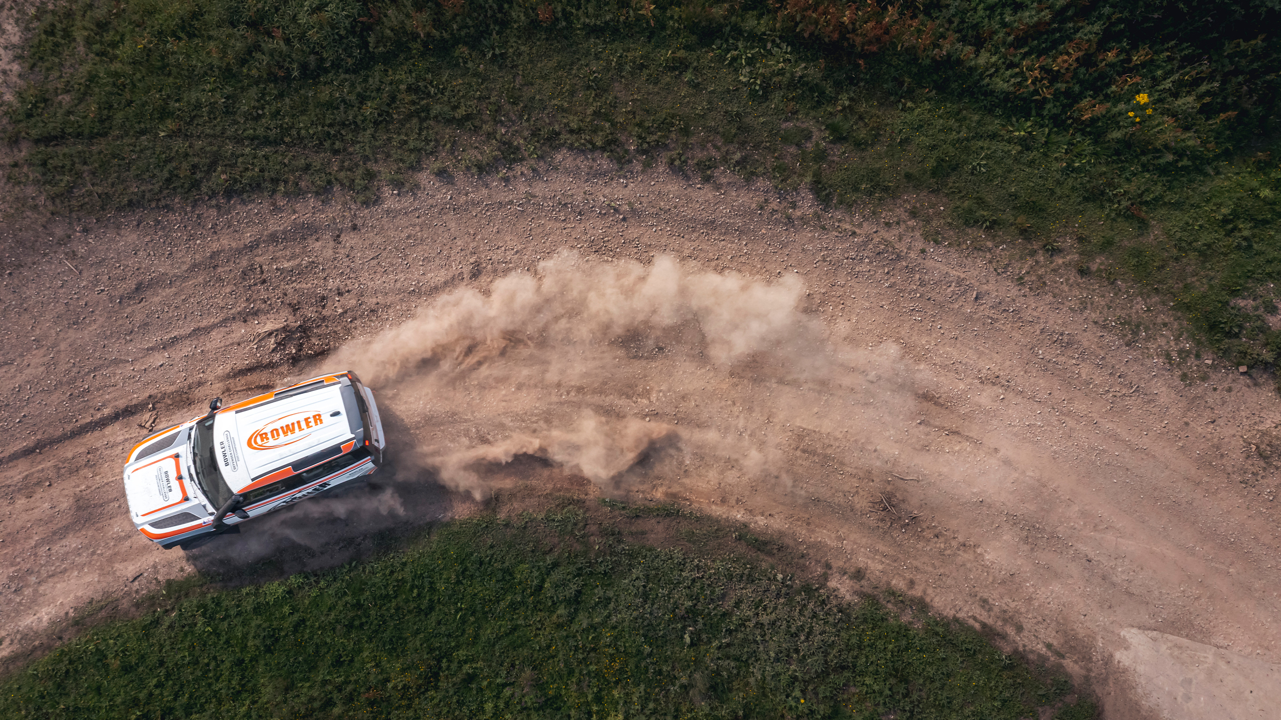 Defender on offroad aerial view 